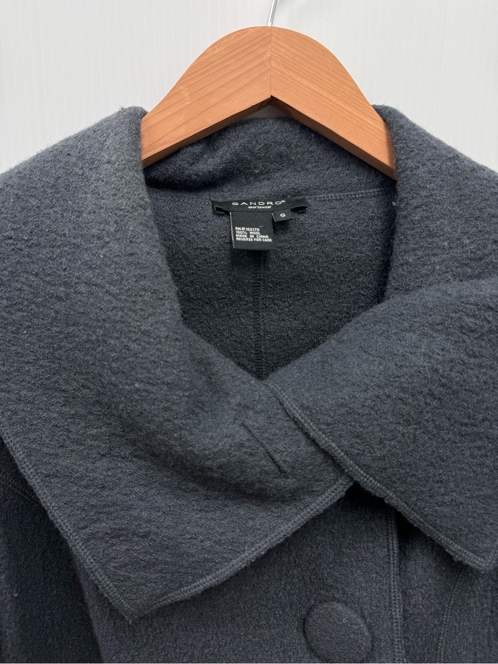 Sandro Sportswear Dark Charcoal Gray Peacoat with Wide Collar 100% wool - Picture 4 of 6